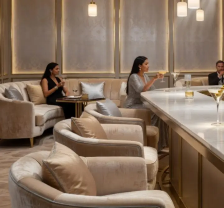 Sofisticirani casino bar i lounge s ambijentalnim svjetlom i elegantnim sjedećim garniturama.