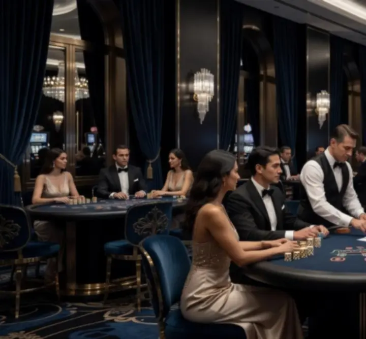 Ekskluzivni casino interijer s blackjack stolovima i slot aparatima