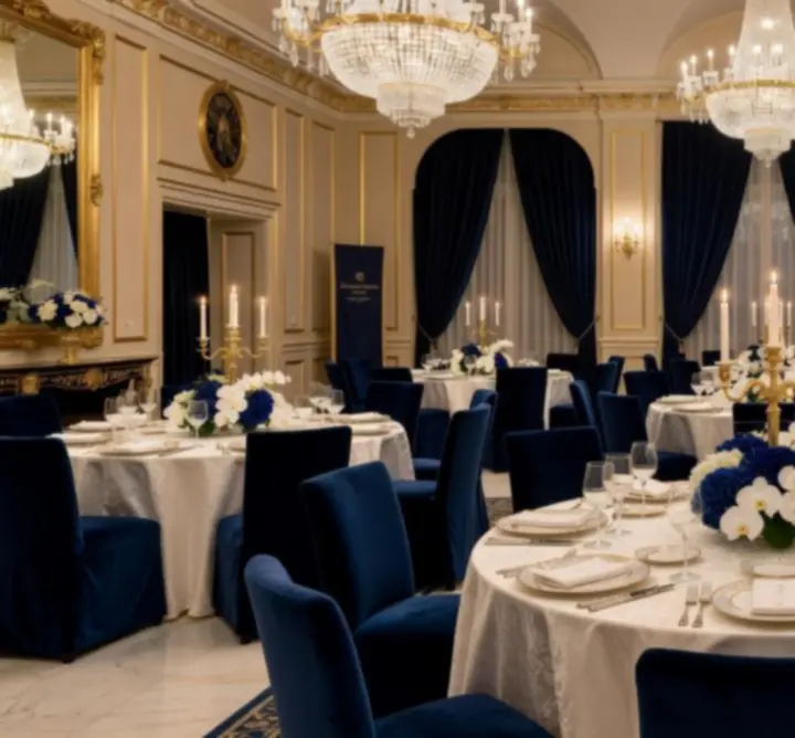 Raskošno osvijetljena večernja dvorana s kristalnim lusterima i elegantnim dekorom pripremljena za gala događaj.