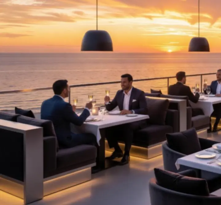 Rooftop lounge restoran hotela Roving Luck s panoramskim pogledom na more.